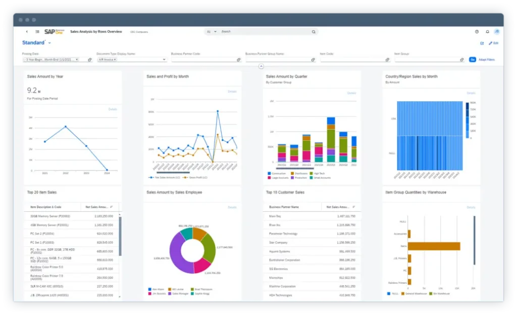 An analytics dashboard showcasing business insights with SAP Business One.