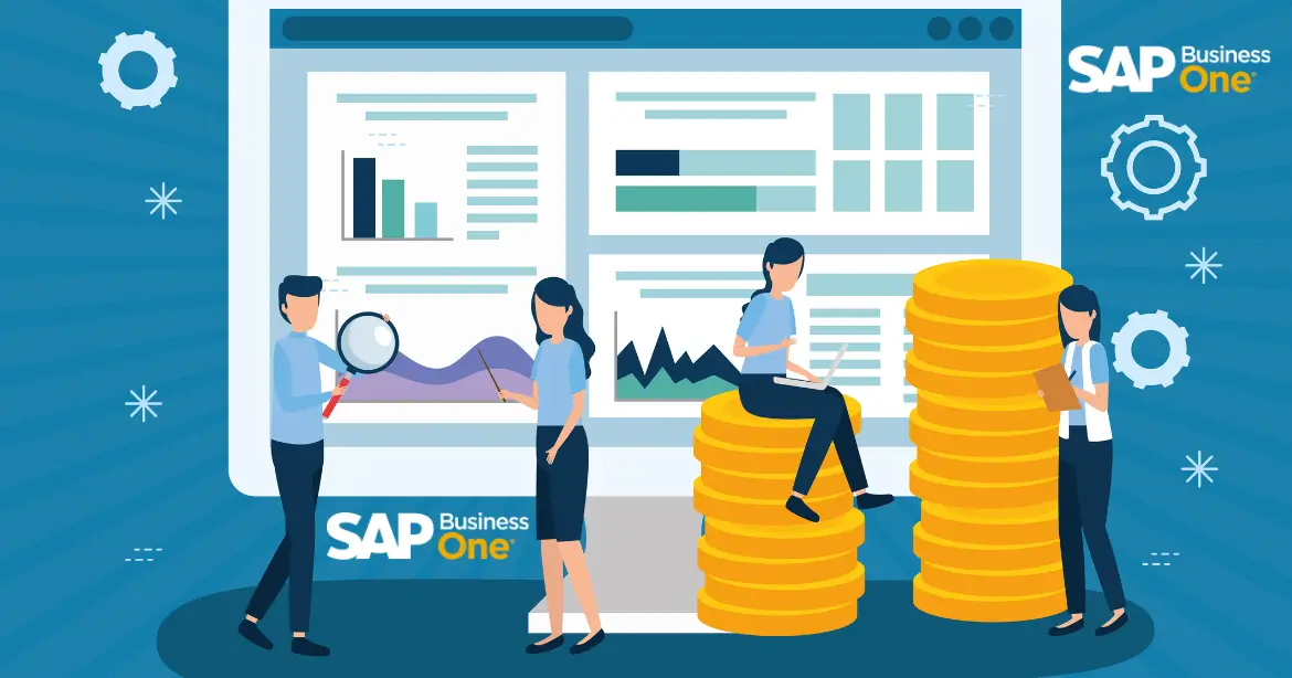 Illustration of SAP Business One pricing with a team analyzing costs, featuring a monitor with SAP Business One branding and a stack of gold coins.