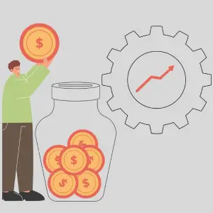 Illustration of a person managing coins and a gear, symbolizing efficiency and profitability with ERP