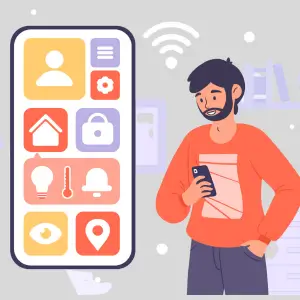 "Illustration of a person using a smartphone with icons representing ERP features for small businesses