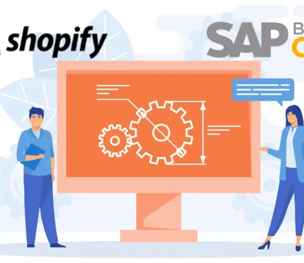 Illustration showing SAP Business One and Shopify integration with two business professionals collaborating on a screen, representing seamless ERP and eCommerce connectivity.